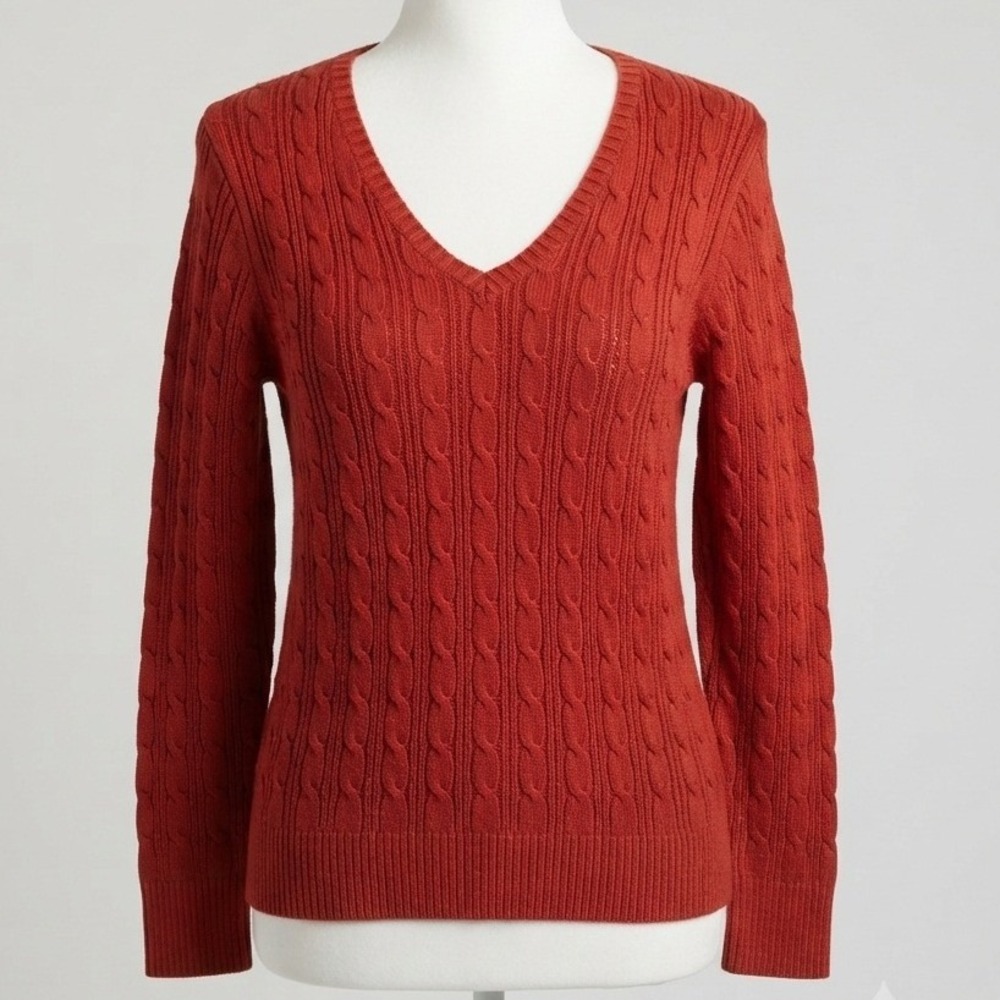 St Johns Bay Womens PXXL Burnt Orange Cable Knit V-Neck Sweater Pullover Rust